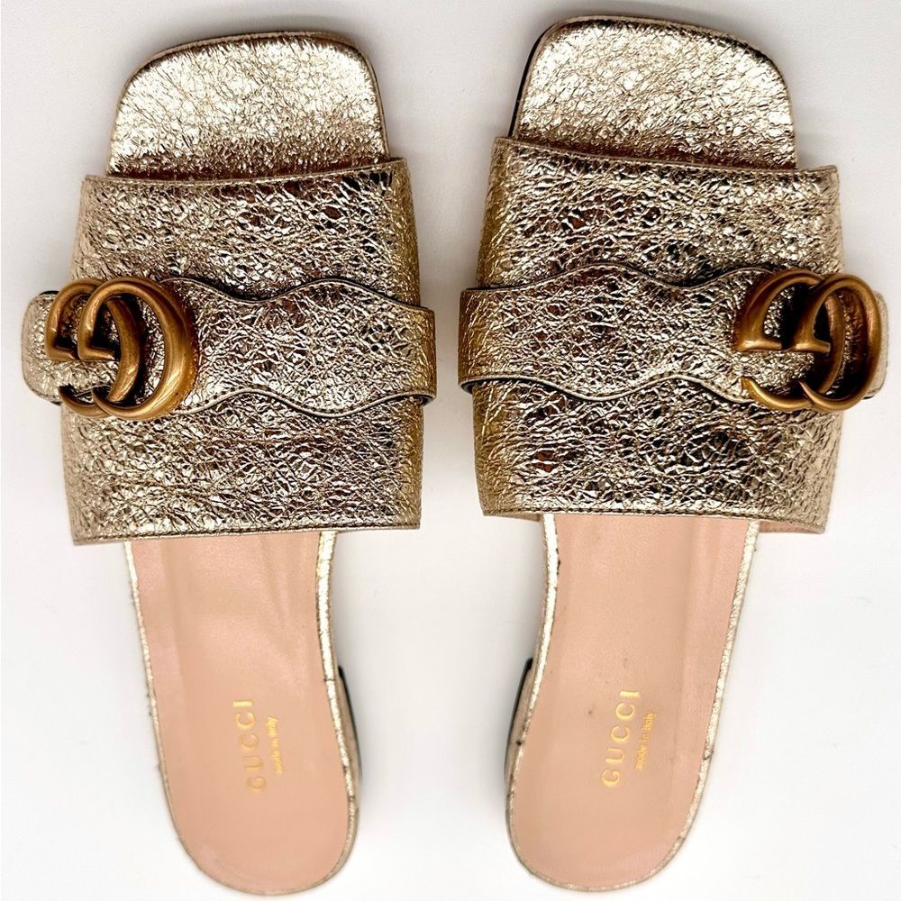 Gucci Marmont Double G Slide Sandals Gold Metallic Leather GG Flat EU 36 US 6 - Picture 8 of 12